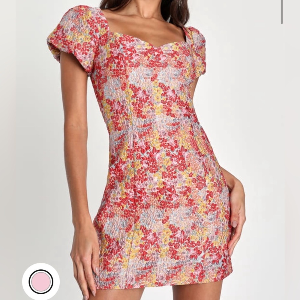 Floral Jacquard Puff Sleeve Mini Dress